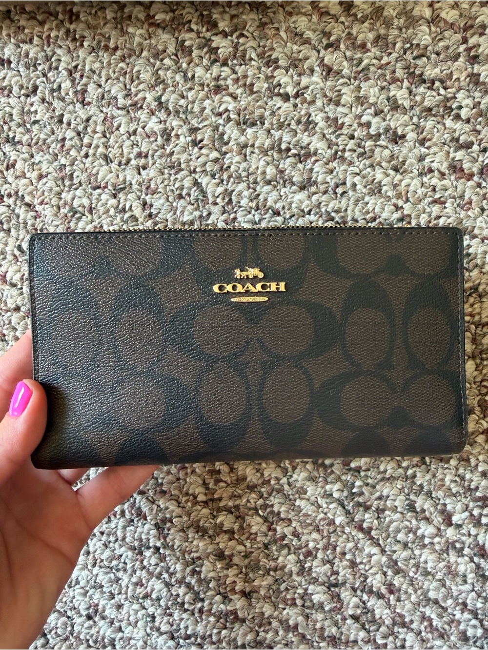 Coach Brown Signature Zip Continental Wallet with Gold Logo